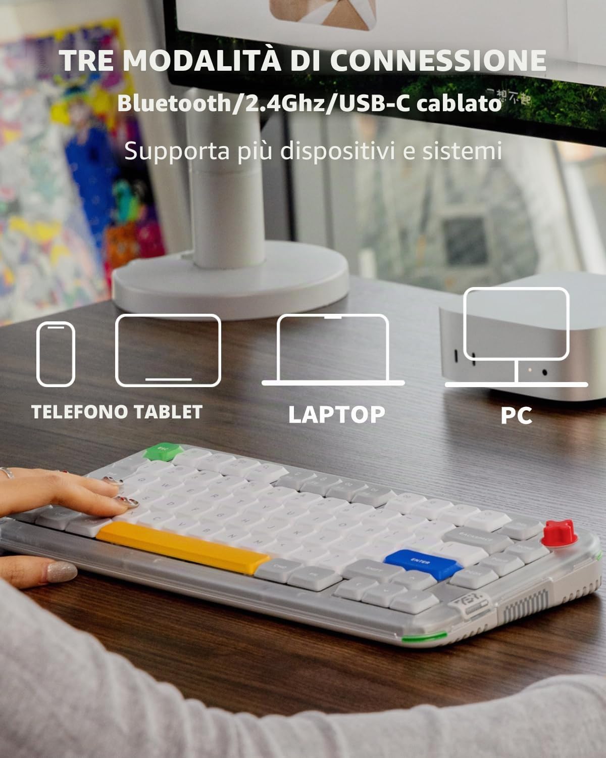nuphy Kick75 - Tastiera meccanica wireless a basso profilo, con controllo del volume, 75% Hot Swappable RGB personalizzabile, 80 tasti, con cappucci per tasti PBT, BT/2,4G/USB-C(Brown Nano Swithc)