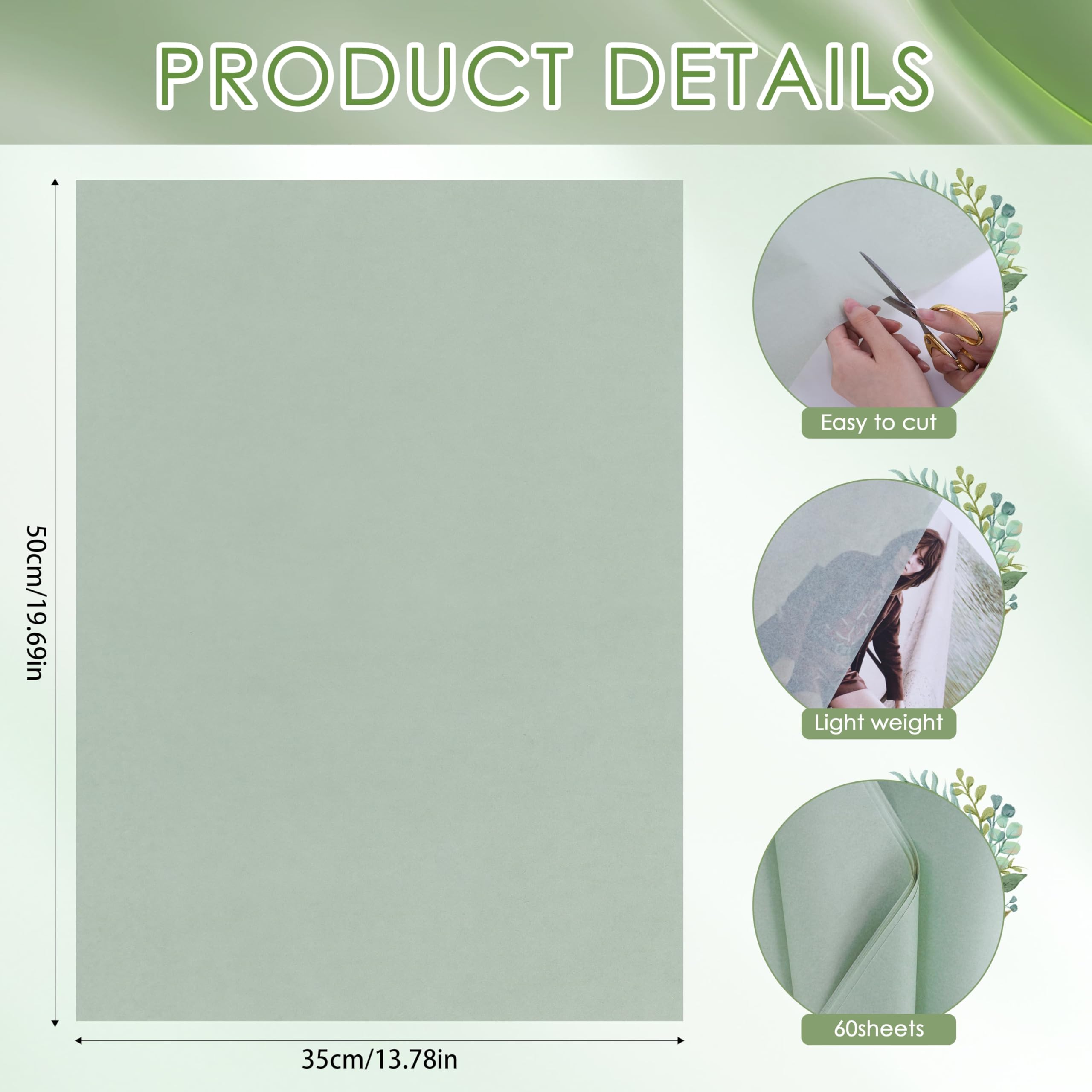 60 Fogli Carta Vellina Metallizzata Verde Menta - 50x35cm, Lucida, Per Confezioni Regalo E Bomboniere