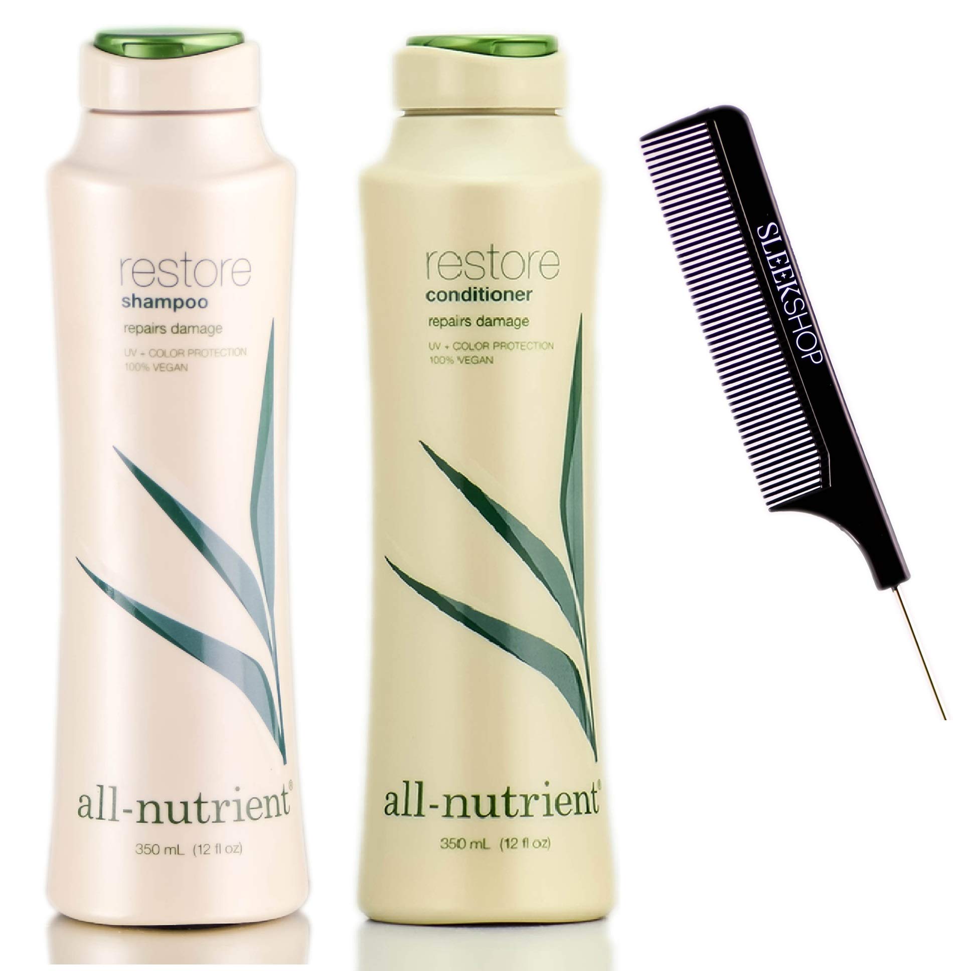 All-Nutrient RESTORE Shampoo & Conditioner DUO SET, Repairs Dry-Damaged Hair (w/Sleek Comb) UV+ Color Protection, 100% Vegan (12 oz + 12 oz DUO KIT)