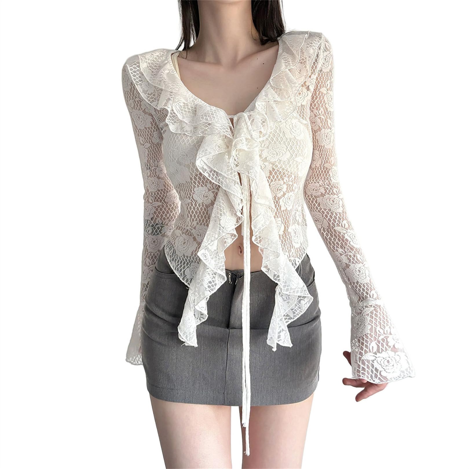 Women Fairy Aesthetic Lace Ruffle Shrug - V Neck Long Bell Sleeves Top Sheer Mesh Gothic Going Out