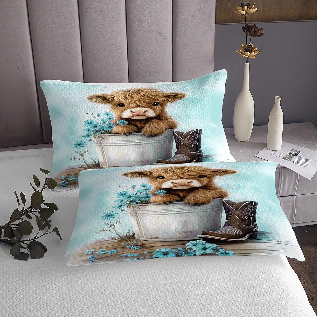 Erosebridal Cartoon Cow Coverlet Set Queen Size Highland Cows Bedspread for Kids Boys Girls Daisy Floral Wood Boots Rustic Blue White Quilted Coverlet Soft Luxury Quilted