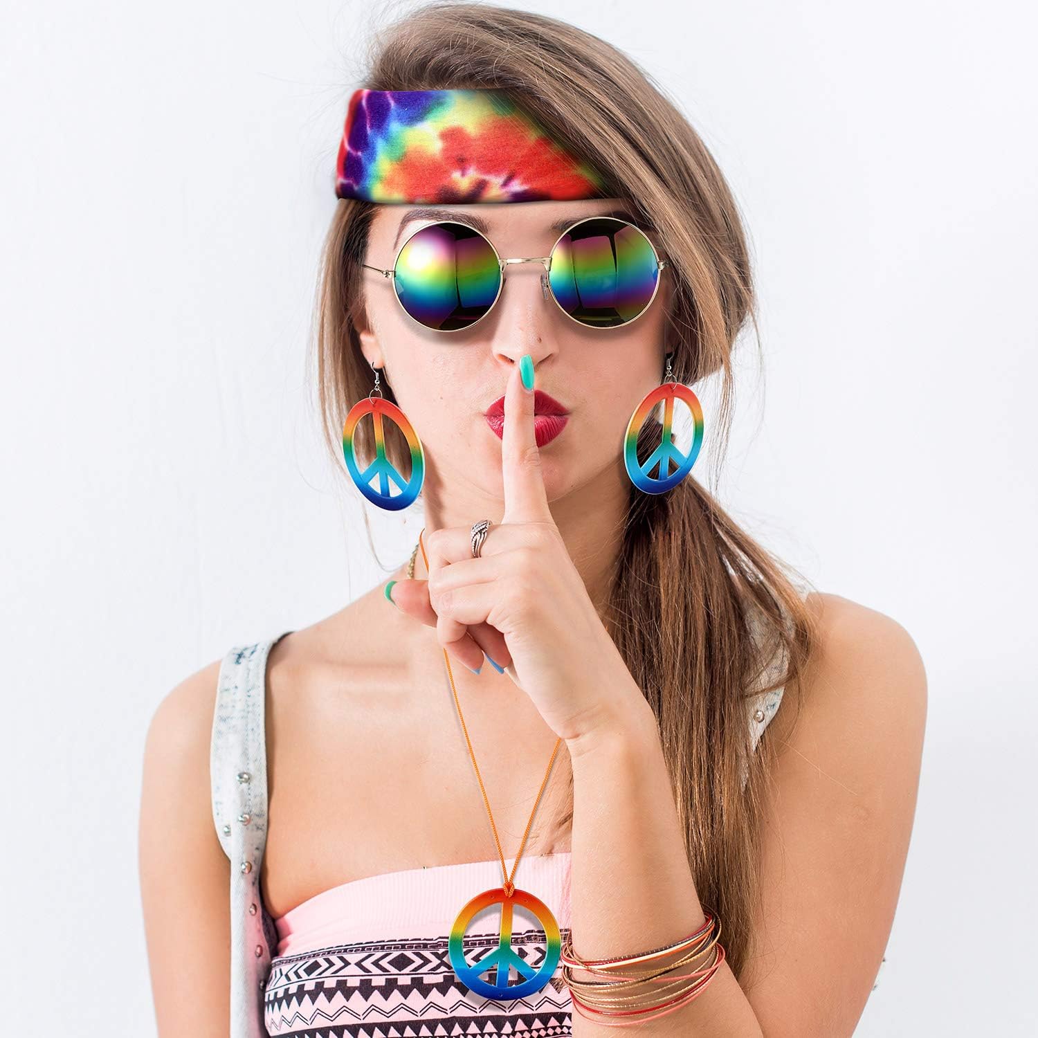 4 Pieces Accessories Hippie Costume Set, Including Peace Sign Necklace, Sunglasses, Earrings and Headband for Women and Men : Clothing, Shoes & Jewelry