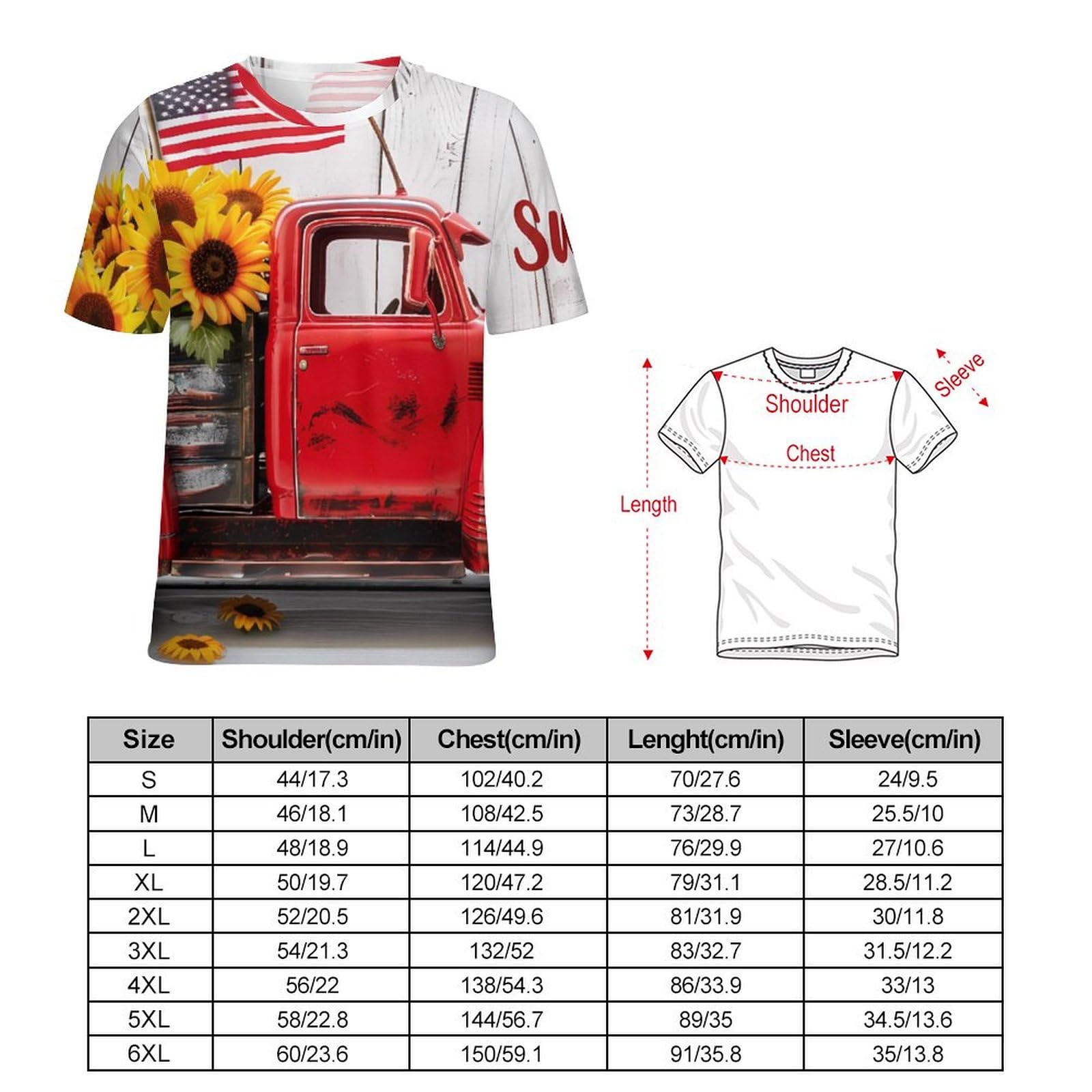 Vintage Truck Sunflowers U.S. Flag Unisex Adult T-Shirts Summer Short Sleeve Tee Casual Tops Funny Graphic 4XL