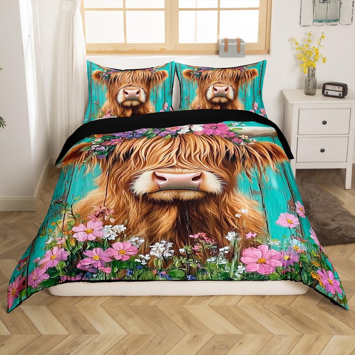Homemissing Highland Cow Duvet Cover Set Super King Size For Kids Boys Girls Teens Highland Cattle Bedding Set Daisy Botanical Floral Printed Comforter Cover with 2 Pillowcases — image 1