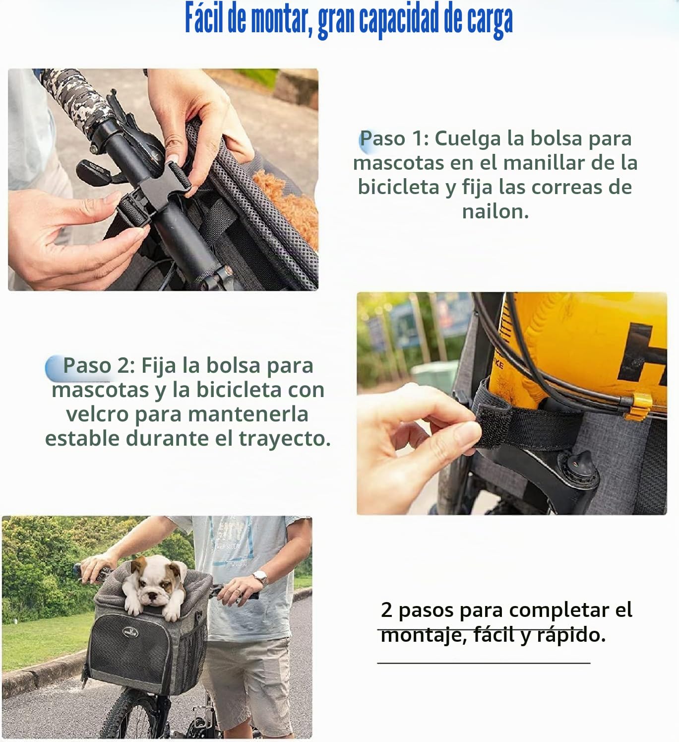 Wakytu Cesta de Bicicleta para Perro, Mochila Frontal para Bicicleta para Montar en Bicicleta, Plegable, extraíble, Tiras Reflectantes, 2 Bolsillos Laterales de Almacenamiento, Bolsa de Viaje para