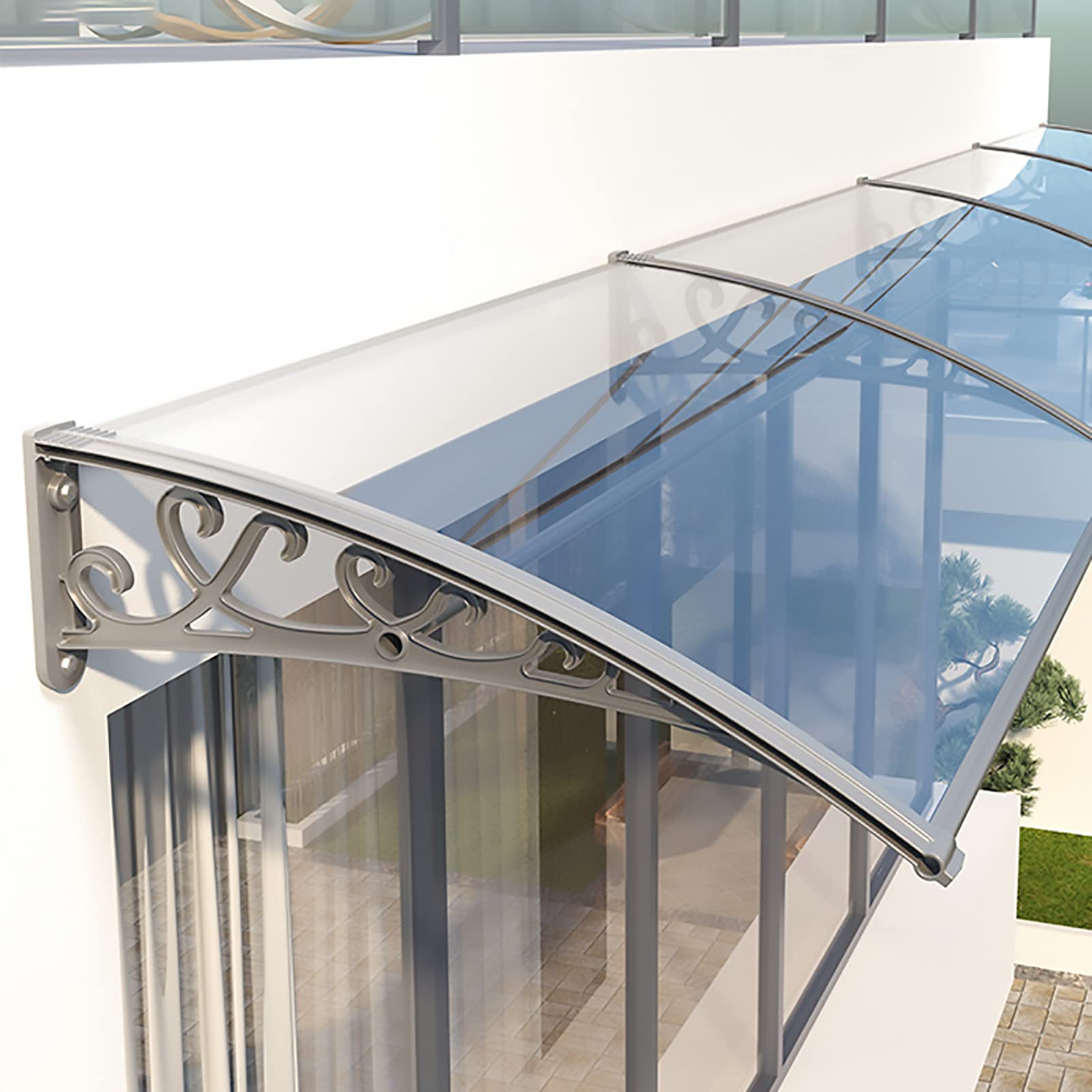 Vordach / Überdachung Für Haustür – 80 X 200 Cm, Transparent, Gebogenes Design | Aus Polycarbonat & Aluminium (Silber)