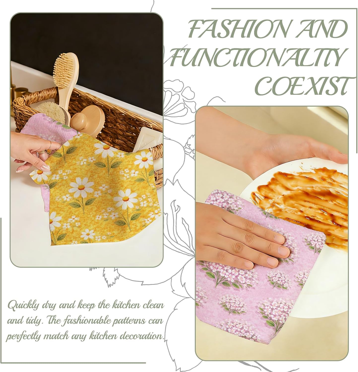 Flowers and Plants Pattern Kitchen Towels Set of 2, with Fixed Clips 18x30in Microfiber Dish Towels- Highly Absorbent, Quick-Drying, Reusable Kitchen Dish Towels (Matisse Floral) - Image 4