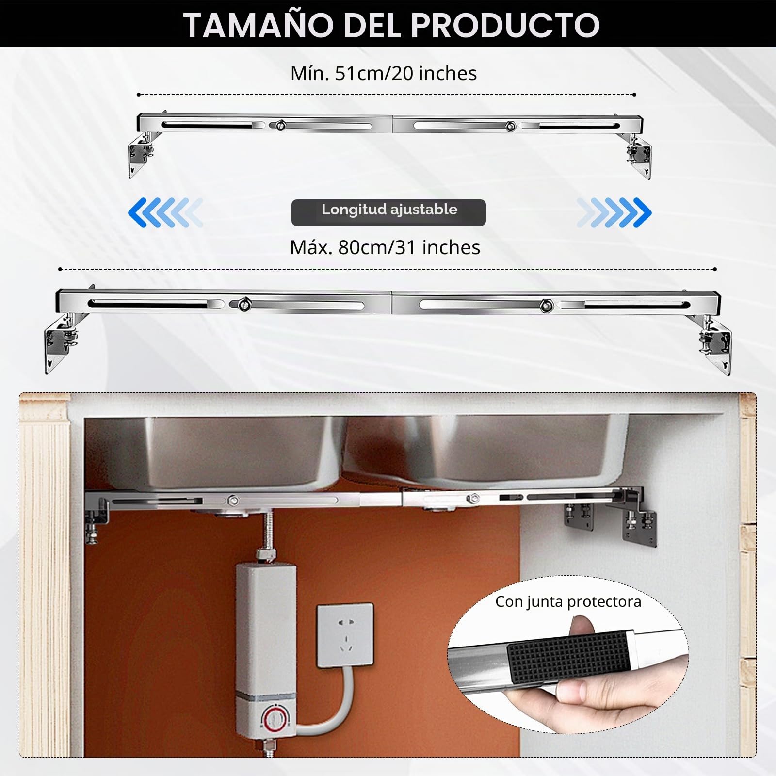 Juego de 2 soportes para fregadero bajo encimera, ajustables, soporte lateral sin costura, kit de montaje de acero inoxidable para distribución del peso, apto para fregaderos pesados y baño (51-80cm)