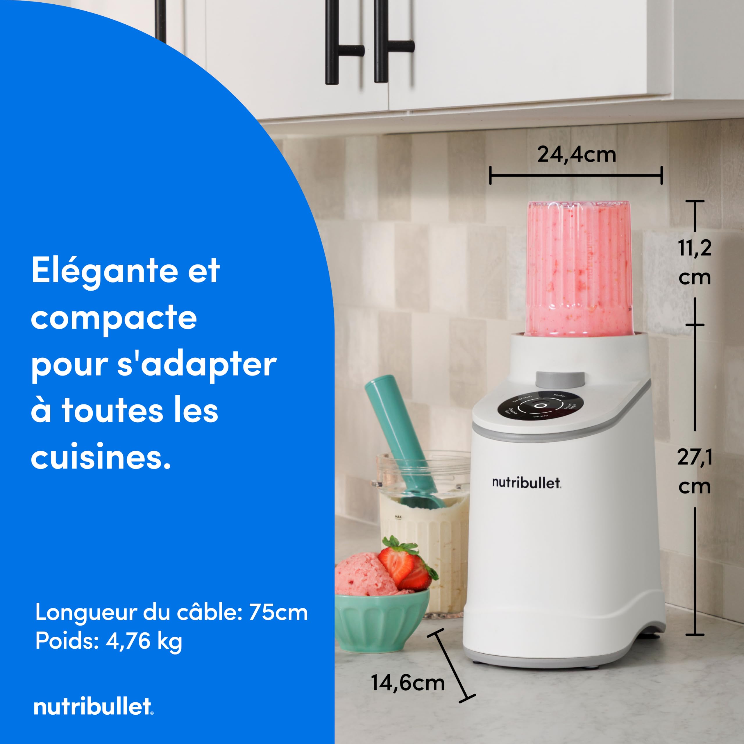 nutribullet Chill – Machine à desserts glacés, gelato, sorbet, smoothie, yaourt glacé, crème glacée, 5 programmes automatiques, 3 récipients, couvercles, idéale pour les familles, blanche (NBD0503W)