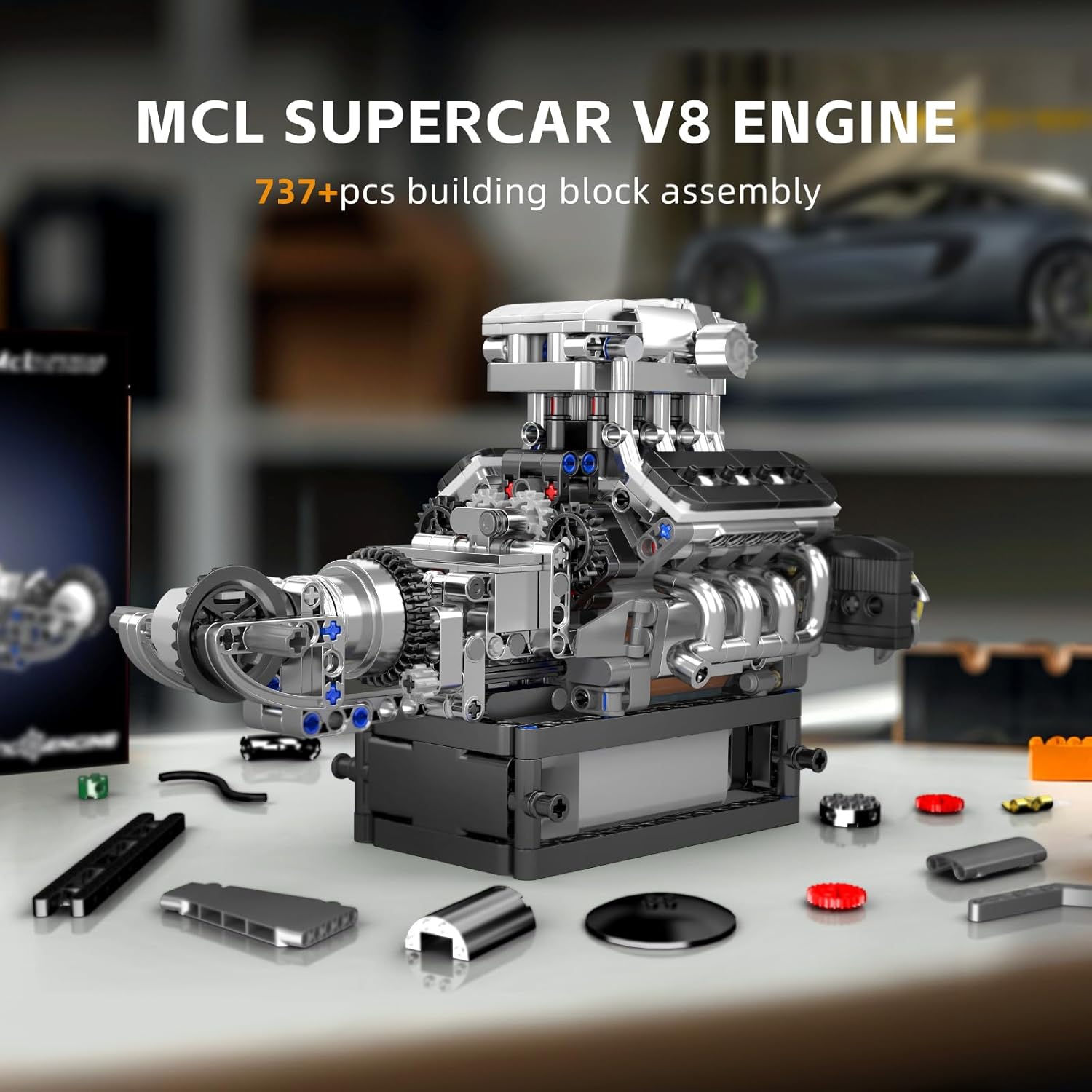 Mould King 10206 V8 Combustion Engine Model Kit that Runs, Build Your Own MOC V8 Engine Model Toy, 8-Cylinder Petrol Car Engine Replica Model Building Kit for Adults (737 PCS)