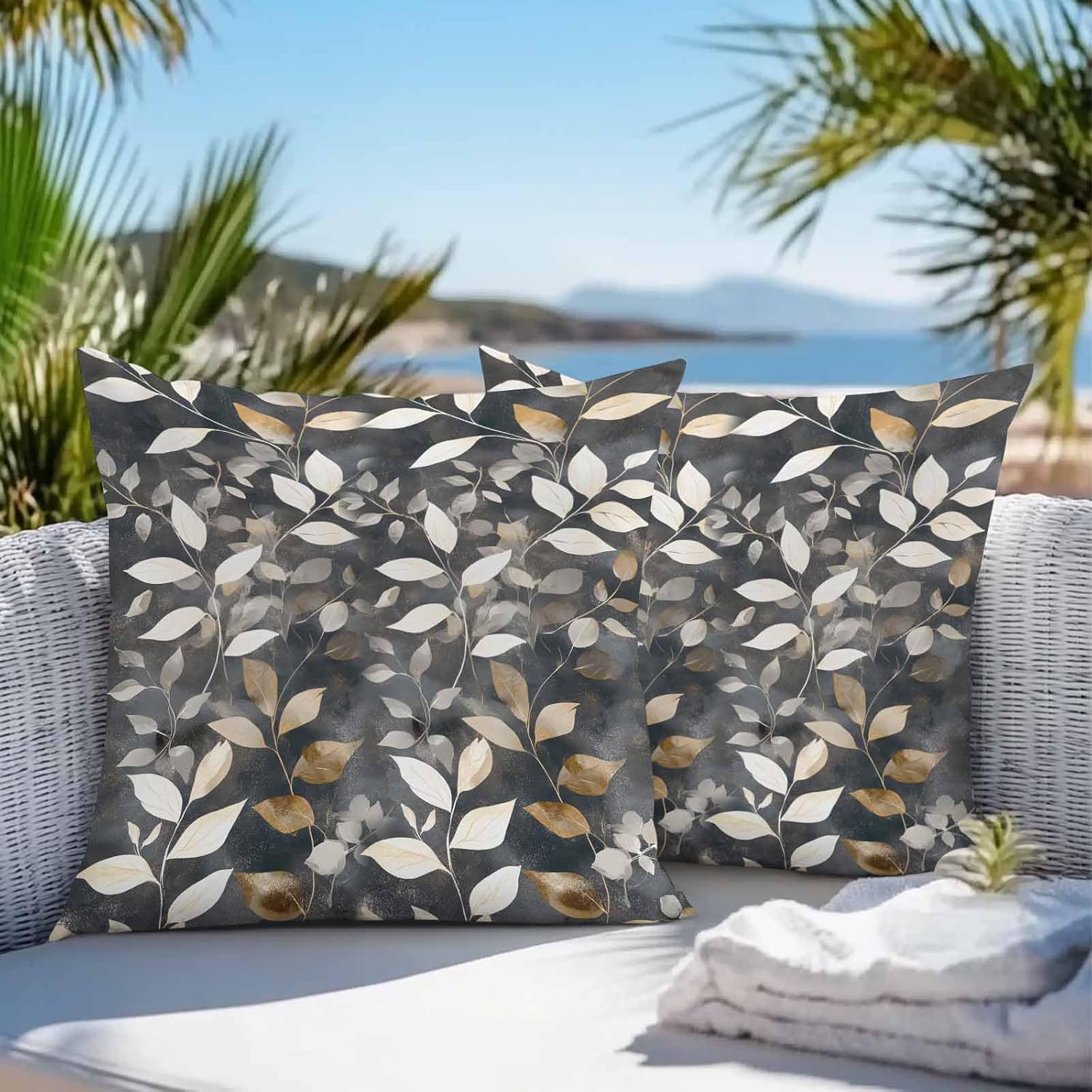 T&H XHome Outdoor Waterproof Throw Pillow Covers 20"x20" Set of 2 Leaf Silhouette Plant Decorative Cushion Cover Pillowcase for Garden Patio Tent Beach Bedroom Living Room Sofa Couch