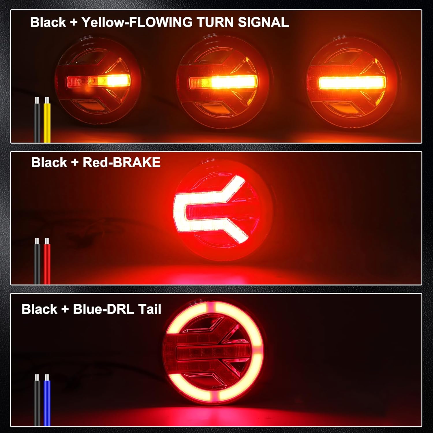 Ourbest Round 5inch Truck Tail Light Dynamic Tail Turn Signal Reverse Rear Brake Stop Light for Trailer Caravans Van Car RV 12-24V