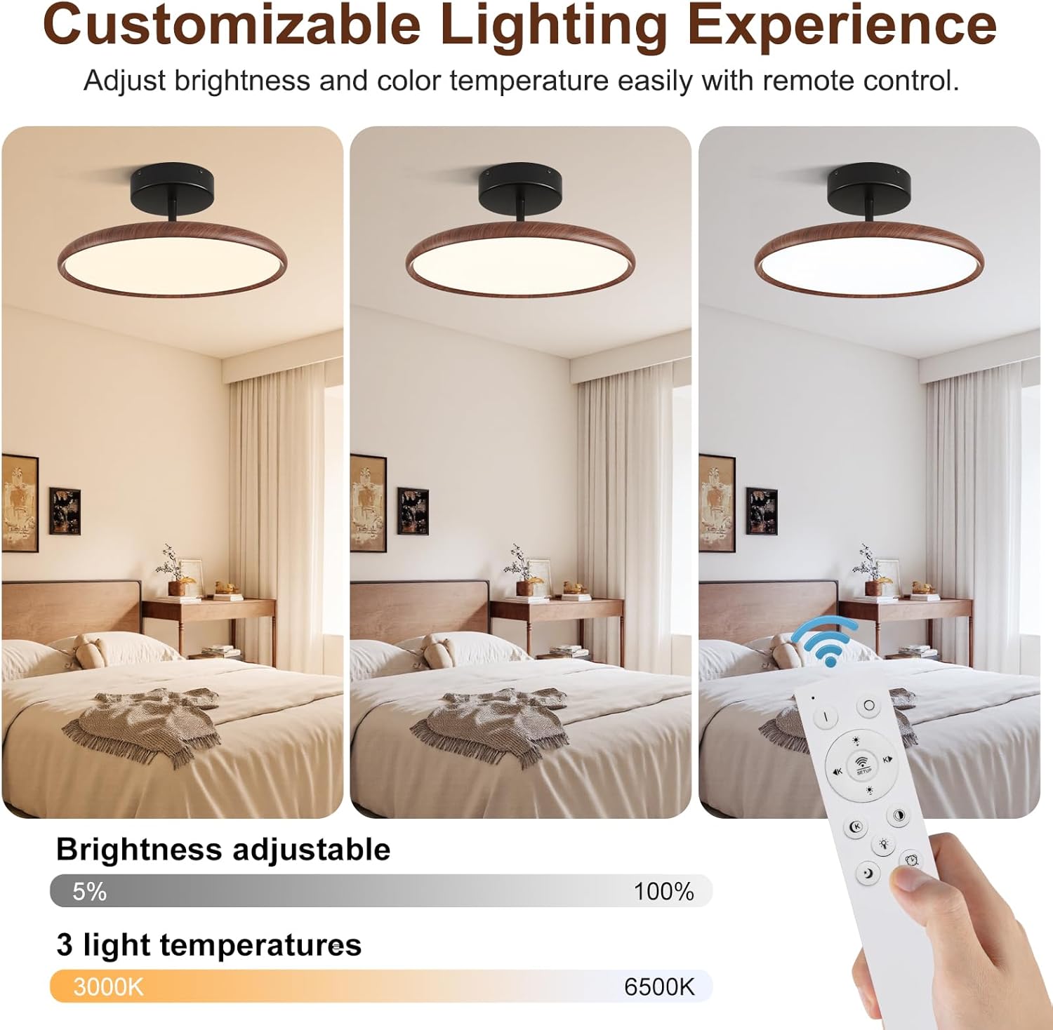Nordic Semi Flush Ceiling Light - Walnut Vintage LED Dimmable Flushmount Chandelier with Remote Control - Mid Century Modern Round Lighting Fixture for Bedroom Hallway Entryway Laundry Room