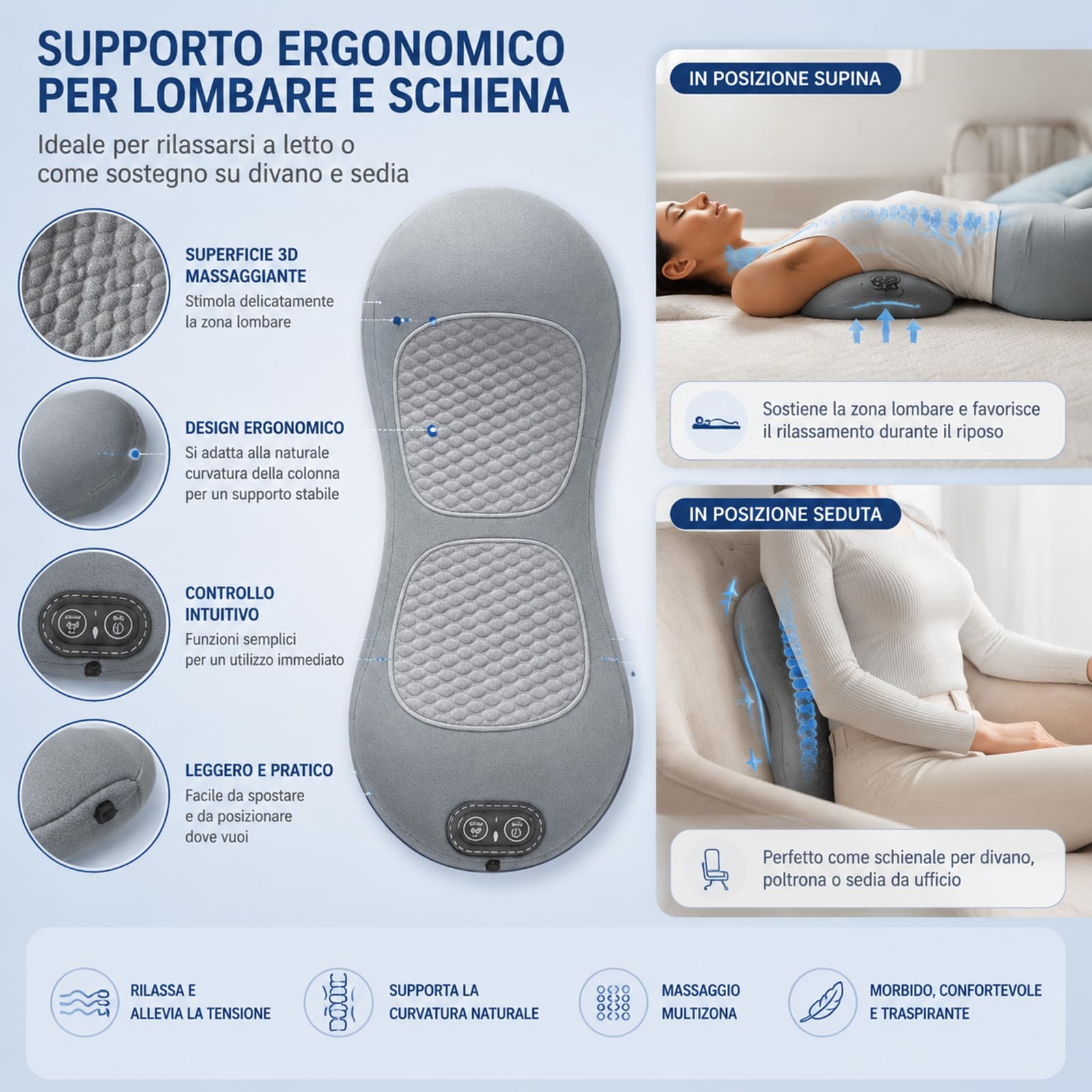 Dorsanova Massaggiatore Schiena Supporto per Trazione Lombare - Cuscino Ergonomico per Stretching e Benessere della Colonna Vertebrale, Dispositivo per Relax Muscolare a Casa e in Ufficio (Grigio)