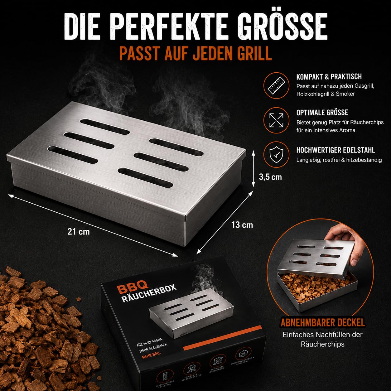 Premium Räucherbox Edelstahl mit Räucherchips Set – Smokerbox für Gasgrill, Holzkohlegrill & Smoker – 4 Holzsorten Buche Apfel Kirsche Whiskey – BBQ Geschenk für Männer (Premium Räucher Set)
