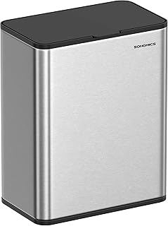 SONGMICS 8L Hanging Compost Bin Kitchen Steel Waste Bin with Lid for Organic Waste with Hooks on Cabinet Door or Wall for Base Cabinet Bathroom Metallic Silver LTB810E08