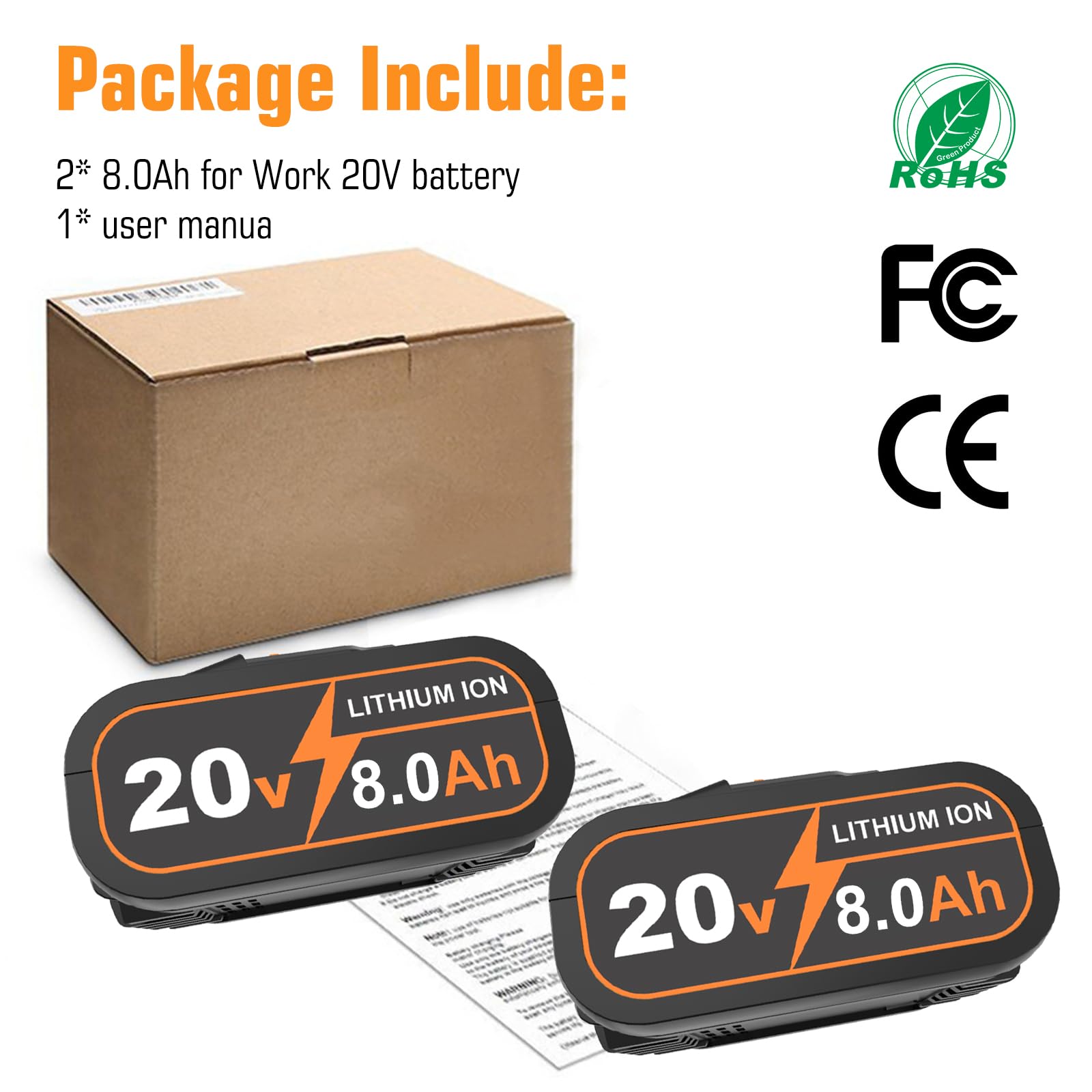 2X 8.0Ah Ersatz für Worx 20V Akku WA3551 WA3553 WA3553.2 WA3557 WA3572 WA3641 WA3760 WA3881 WX166.4 WX176 WX372.1 WX390WG629E