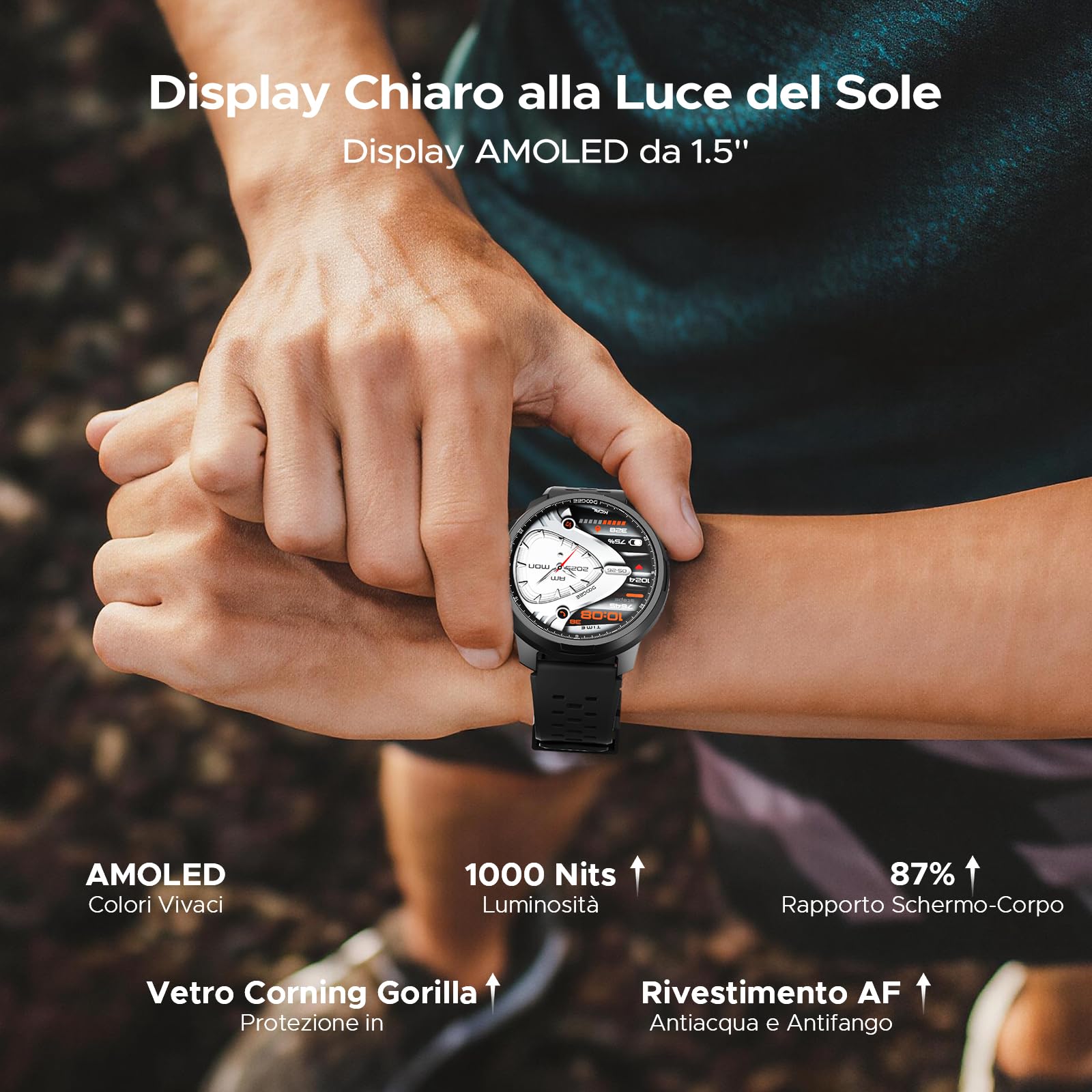 ANYMOVINGM1-Nero Smartwatch fitness uomo GPS dual-band, 170+ sport, Assistente AI, AMOLED 1,5", 20 giorni, 5ATM+IP68