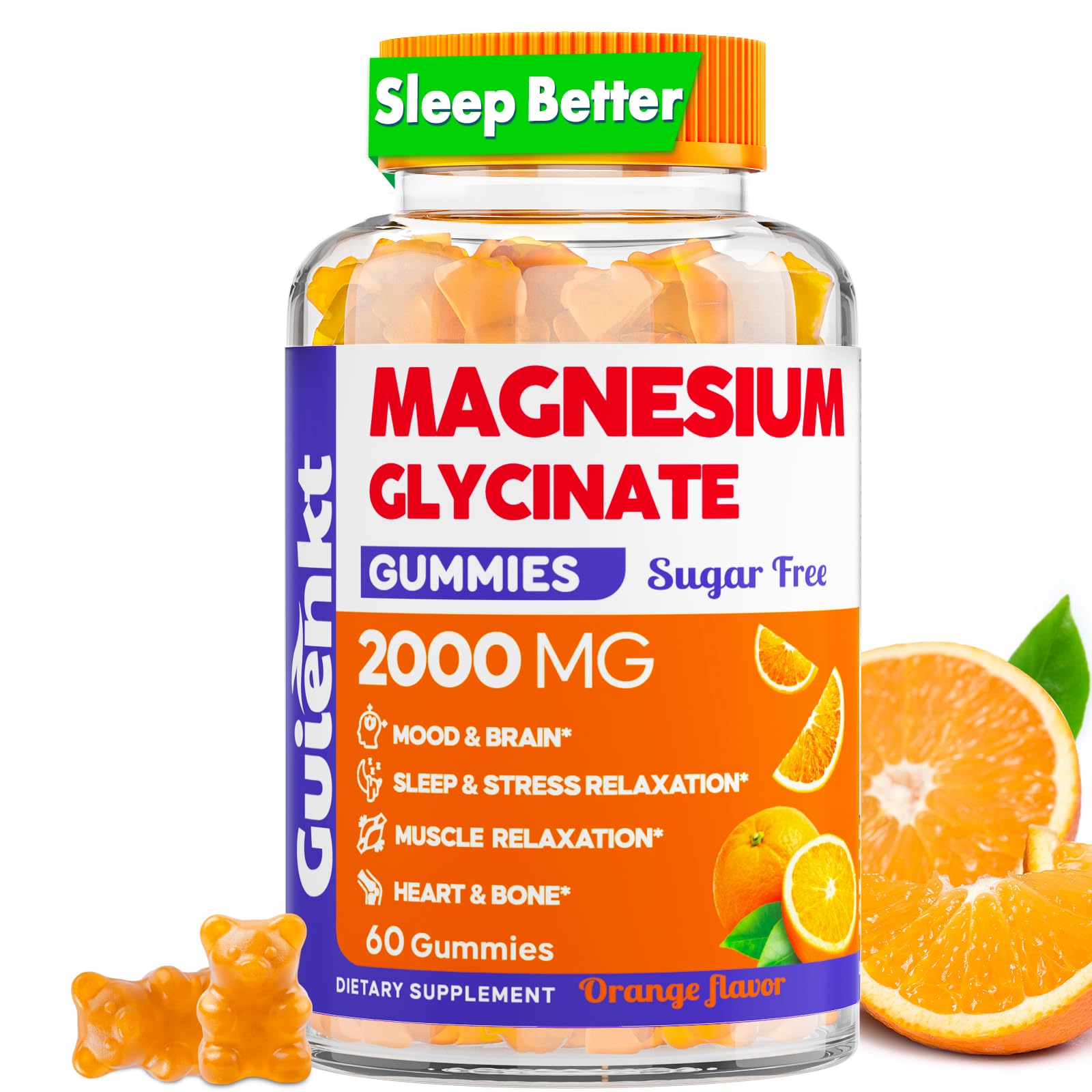 Magnesium Glycinate Gummies 2000 mg, Sugar Free Magnesium Gummies for Adults for Sleep, Calm, Relaxation, Pectin Based, Orange Flavor, 60 Vegetarian Gummies
