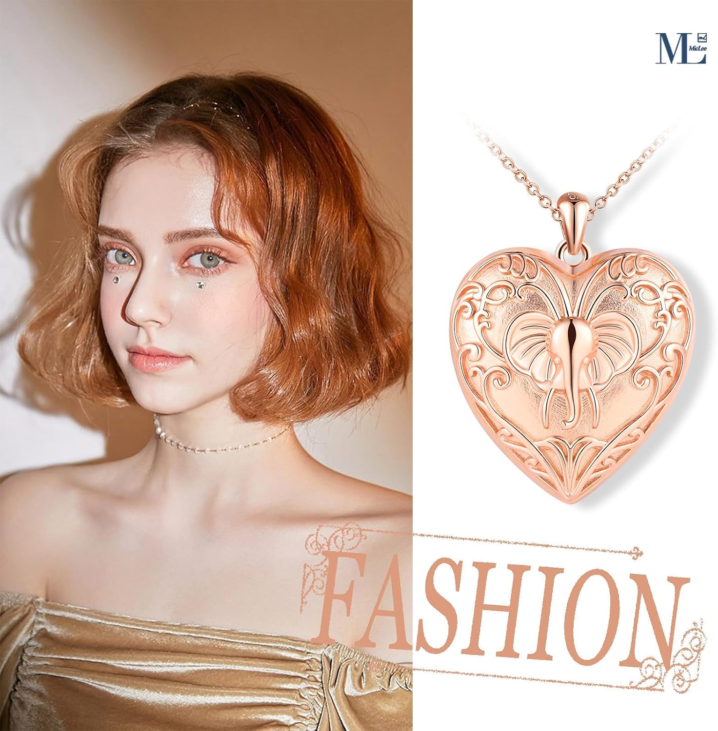MicLee Women Photo Locket Necklace 925 Sterling Silver Heart Shape Elephant Pattern Picture Locket Necklace