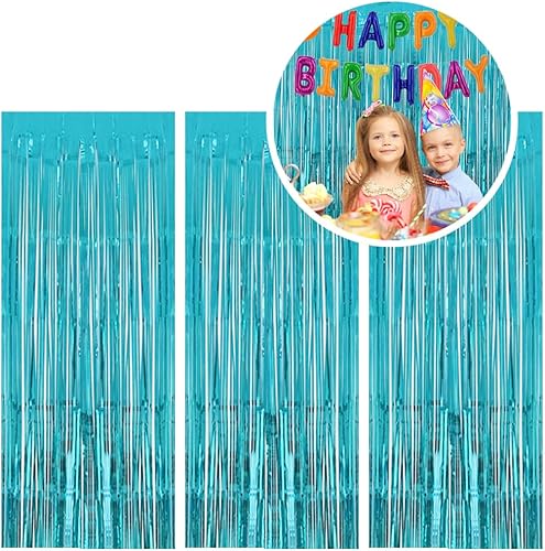 Paquete de 3 cortinas de flecos de papel de aluminio de color verde azulado, cortinas de fondo con flecos para cumpleaños, boda, compromiso,