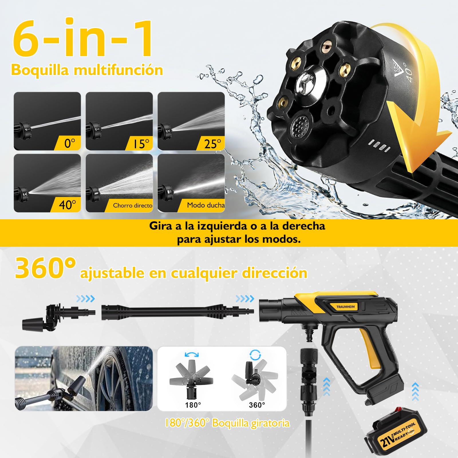 Limpiador de alta presión inalámbrico Traumheim 21V 68Bar – 2 baterías de 4000mAh, juego de 17 piezas, limpiador portátil para auto, terraza y jardín