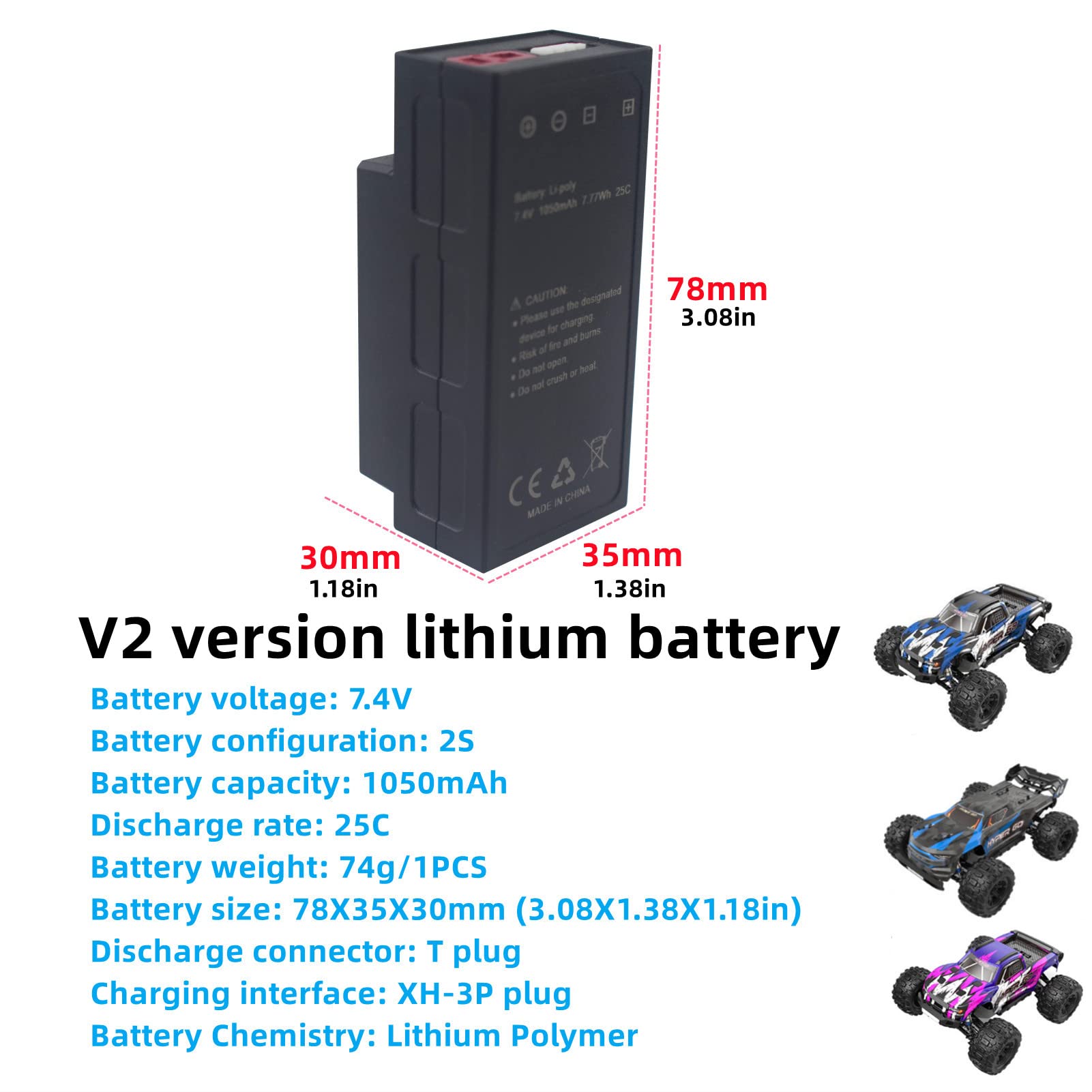 2PCS 7.4V 1050MAH 2S Batería de Litio para MJX H16 H16P H16E H16DR H16SC H16BM 16027 14301 JC16EP RCM029 HP161 HB17 Control Remoto con un Auto de Juguete Modelo de Alta Velocidad