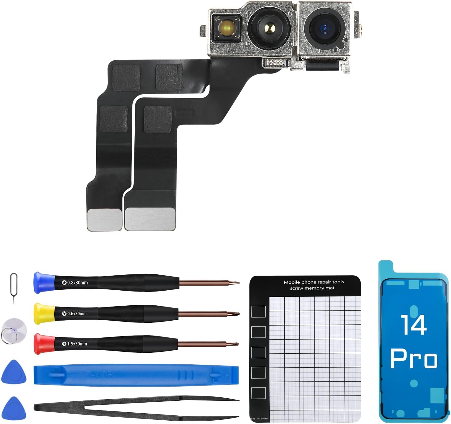 for iPhone 14 Pro Front Facing Camera Replacement Selfie Camera 14pro OEM 12MP Front Camera Flex Cable Module Light Receiver Repair with Fix Tools Kit A2650 A2889 A2890 A2891 A2892