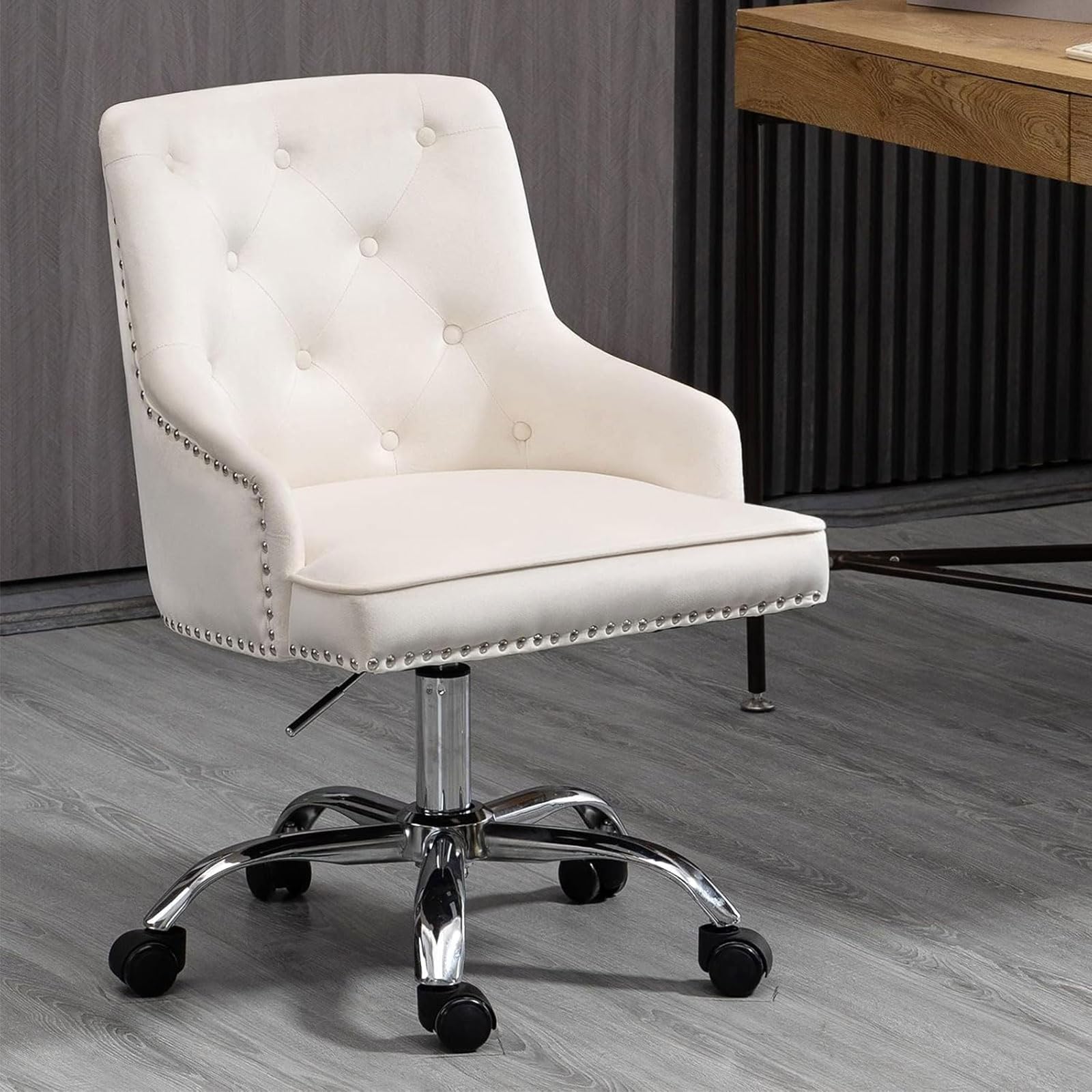 SEPNINE Silla de oficina de terciopelo para el hogar, silla de escritorio para computadora, giratoria, ajustable, silla de tocador con brazos y ribete de cabeza de clavo para dormitorio