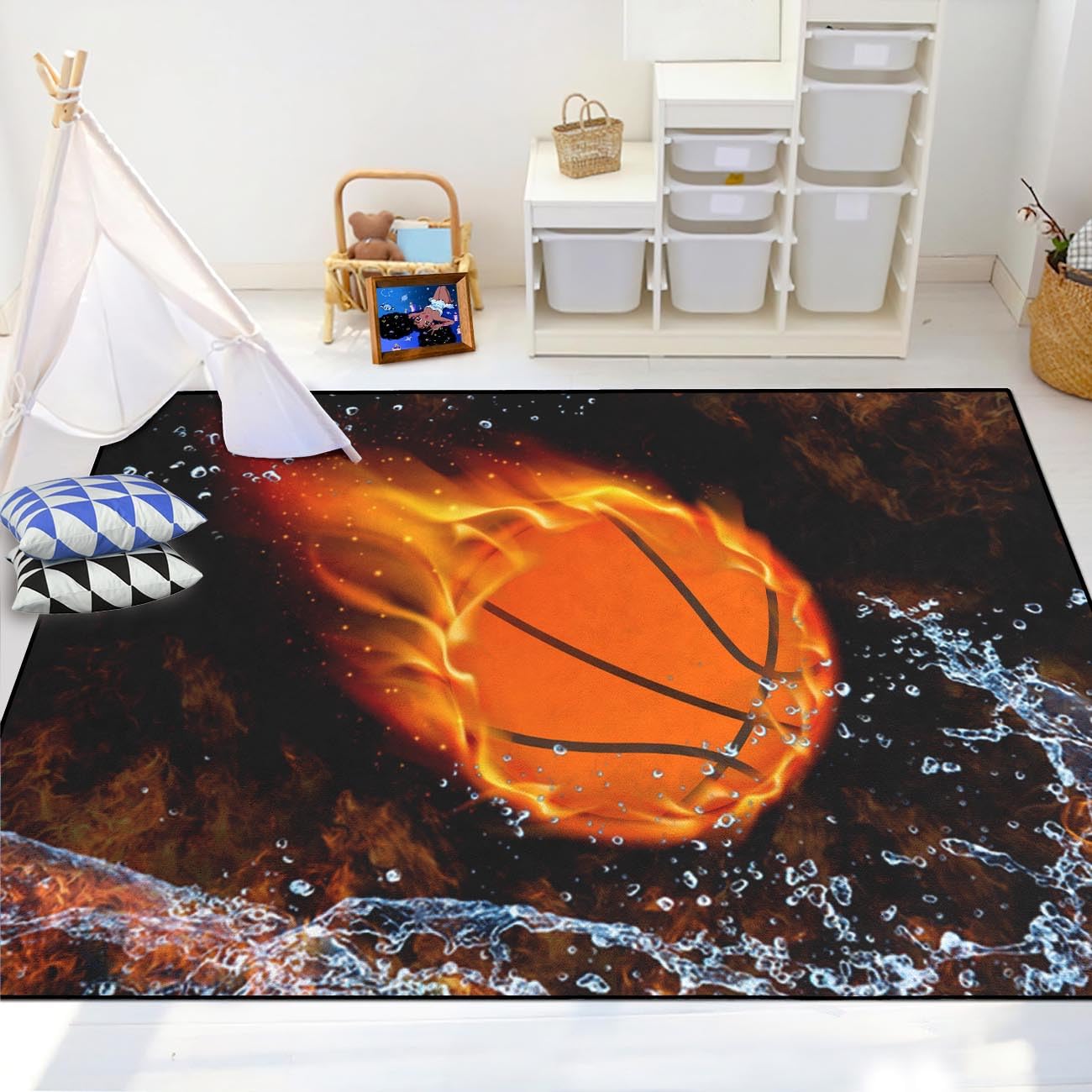 FJKJHKGJ Basketball Rug for Boys Bedroom Red Flame Sports Rug Kids Rugs for Playroom Living Room Bedroom Basketball Room Decor Floor Mat, 3'×5'