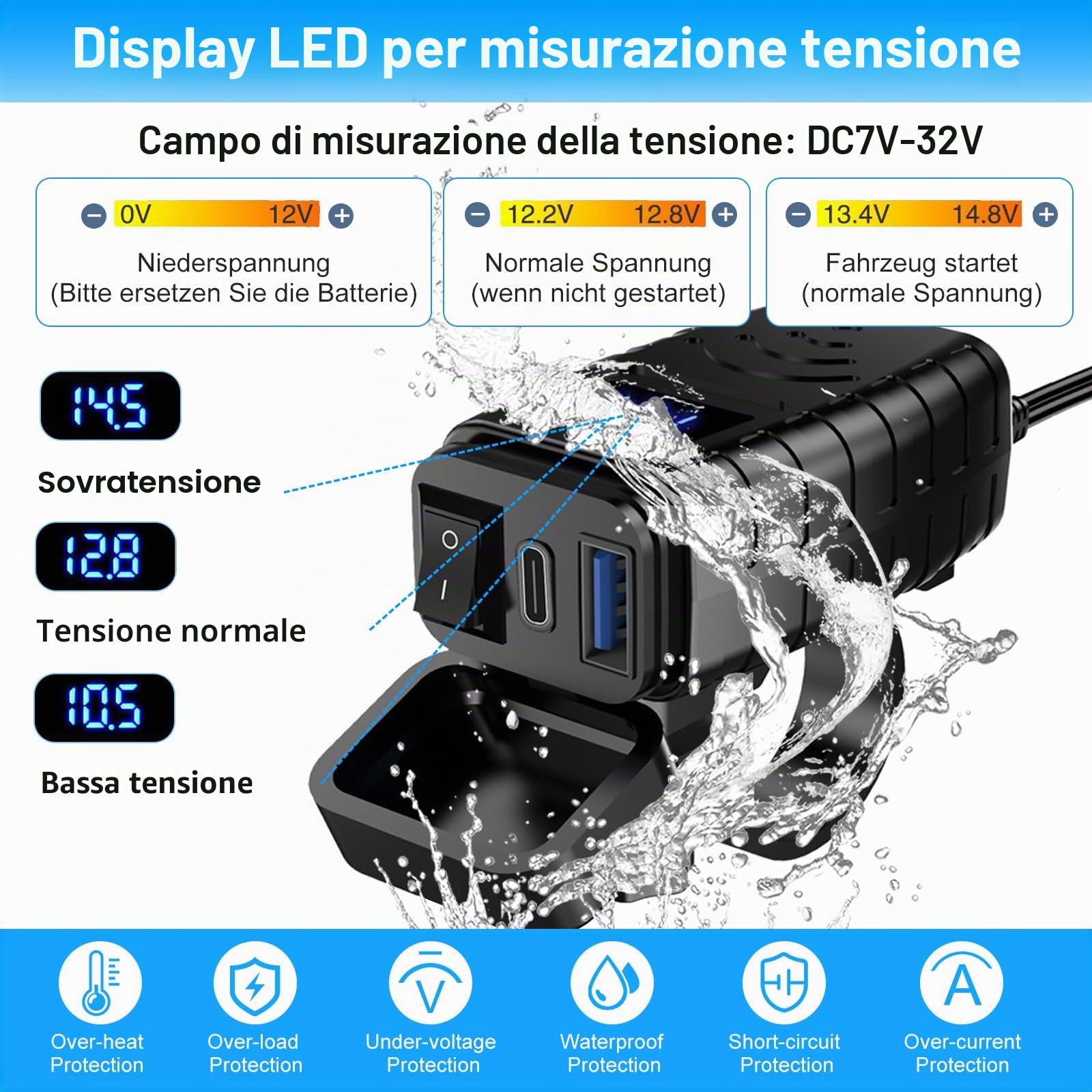 Presa usb 12V per Moto Impermeabile, Tipo C e Caricabatterie con Interruttore On/Off e Misuratore di Tensione LED, SAE Quick Charge 3.0 per Camper Moto 12V~24V (Tipo C + USB-A)