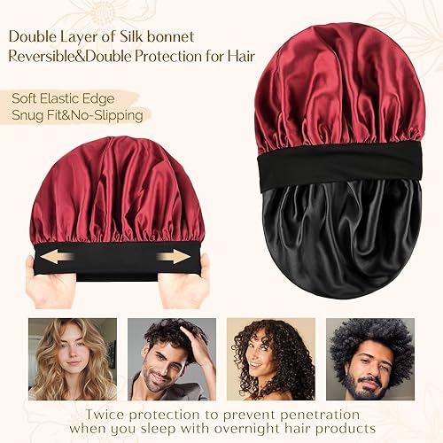Miniatura 3 de YANIBEST Gorro de seda para hombres y mujeres, gorro de satén de doble capa para cabello rizado natural, gorro de dormir unisex