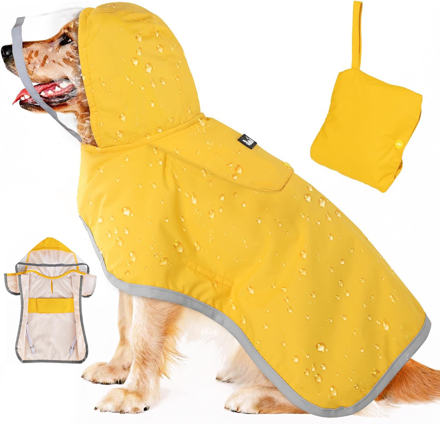Eyein Wasserdichter Hunderegenmantel, Regenmantel für Große Hunde mit Kapuze und weichem Futter, Verstellbare Hunderegenjacke mit reflektierenden Streifen, Winddicht und leicht, Gelb, XXXL