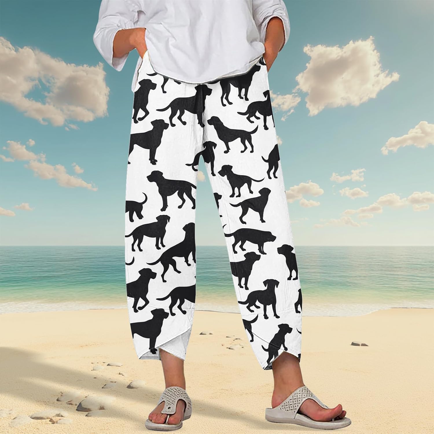 Beach Pants for Women Oversized Casual Wide Leg 2025 Summer Soft Elastic Waist Vacation Breathable Capri Pants - Image 2