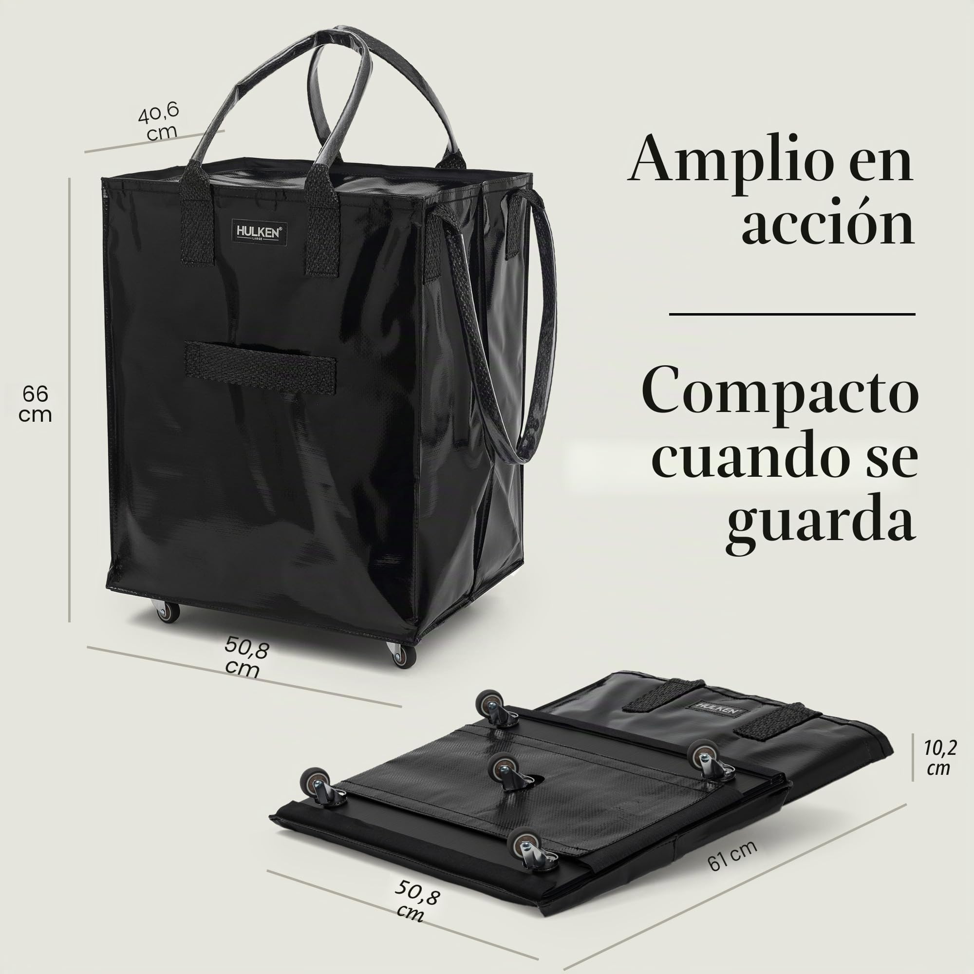 HULKEN - Bolsa de la compra grande y reutilizable con ruedas, carrito de la compra, bolsa giratoria, cierre de cremallera, ligera, soporta hasta 29,9 kg, plegable plana, asas irrompibles