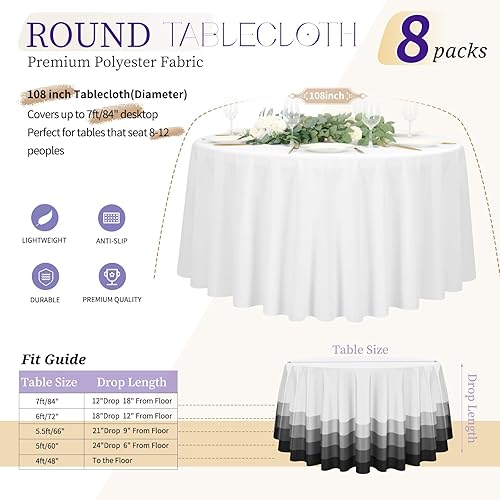 Miniatura 65 de Paquete de 4 manteles redondos de poliéster blanco de 108 pulgadas, mantel circular resistente a las manchas y a las arrugas, lavable, para bodas