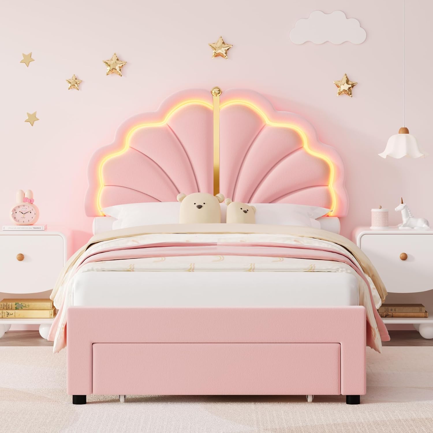 Keyluv Twin Princess Bed Frame with Storage Drawers, Soft Velvet Upholstered LED Platform Bed with Adjustable Cute Shell Headboard, No Box Spring Needed, Noise-Free, Pink - Image 3