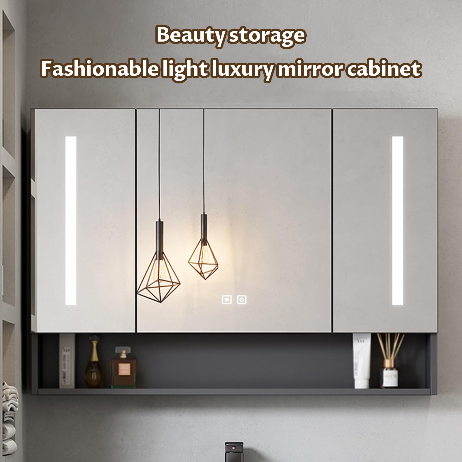 YFAURNDE - Armadietto da bagno salvaspazio da parete, per cosmetici, Smart Touch, con ripiani in resina a pressione, colore: grigio chiaro