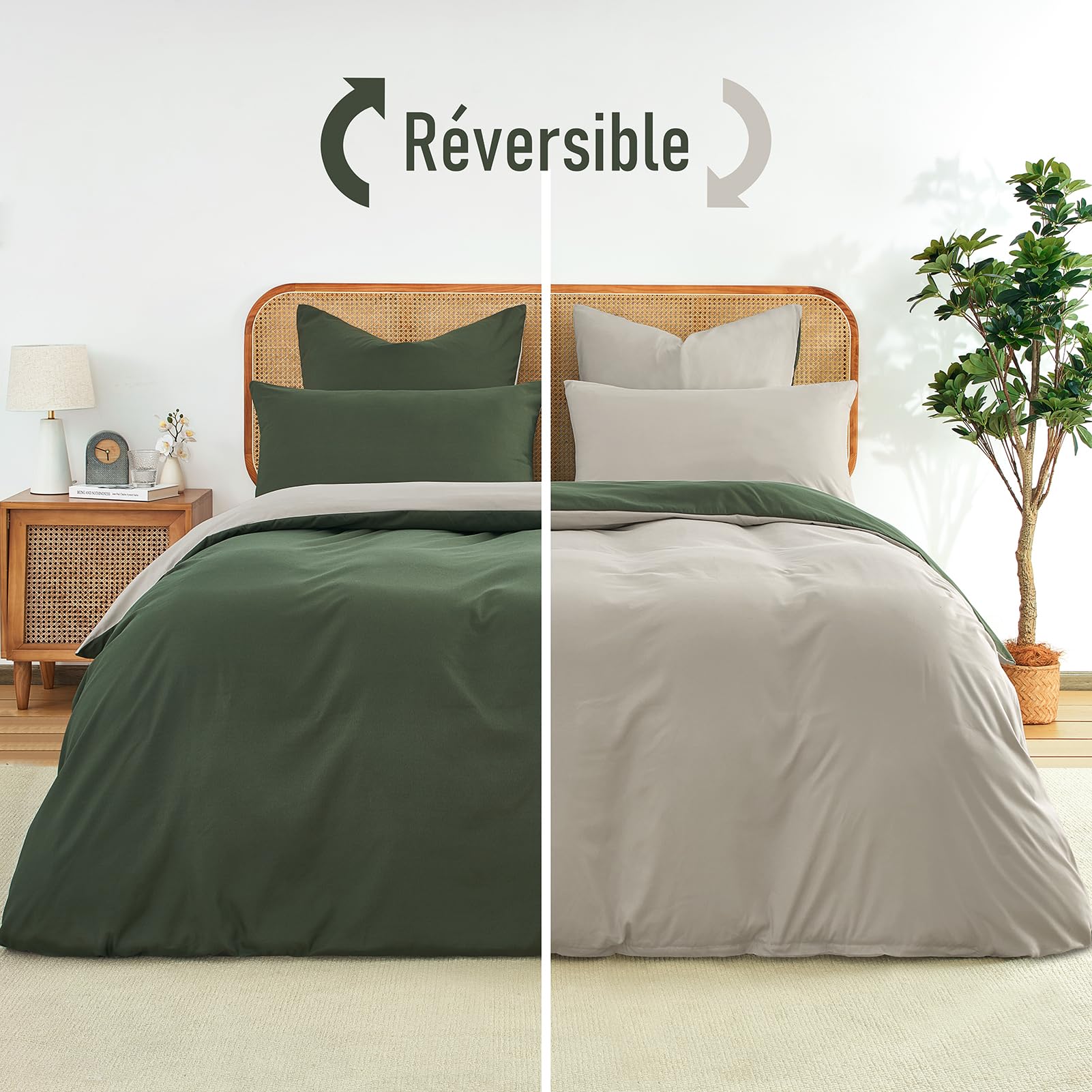 Housse de Couette 240x220 cm Réversible OEKO-TEX Doux & Agréable sur Peau, Fermeture Éclair, Léger & Respirant Parure de lit Vert Olive - Housse de Couette 240x220 + 2 Taies d'oreiller 65x65