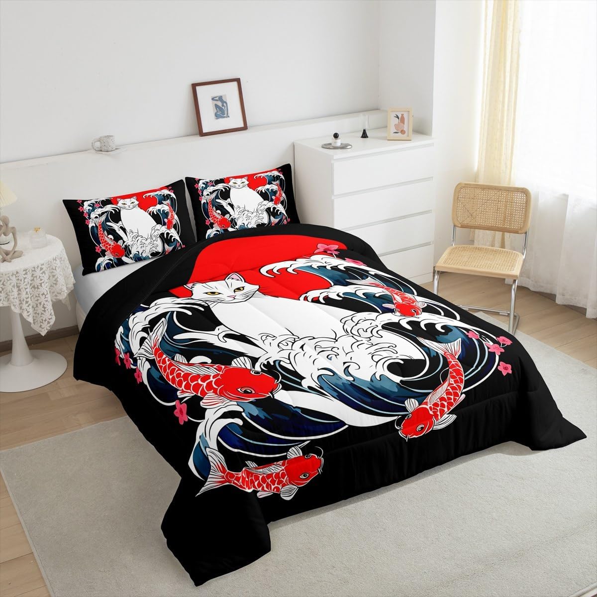Feelyou Kawaii Cat Bedding Set, Kids Boys Girls Koi Fish Comforter Set, Ultra Soft Japanese Wave Comforter,Hokusai Pattern Duvet Quilt Bedroom Decor,Exotic Quilt, Queen Size