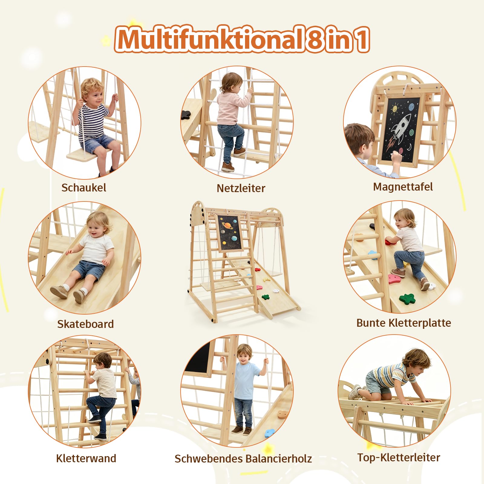 Montessori - Struttura da arrampicata per interni, a partire da 1 anno, 8 in 1, multifunzionale, per bambini, con scivolo, altalena, parete da arrampicata, rete da arrampicata, in legno