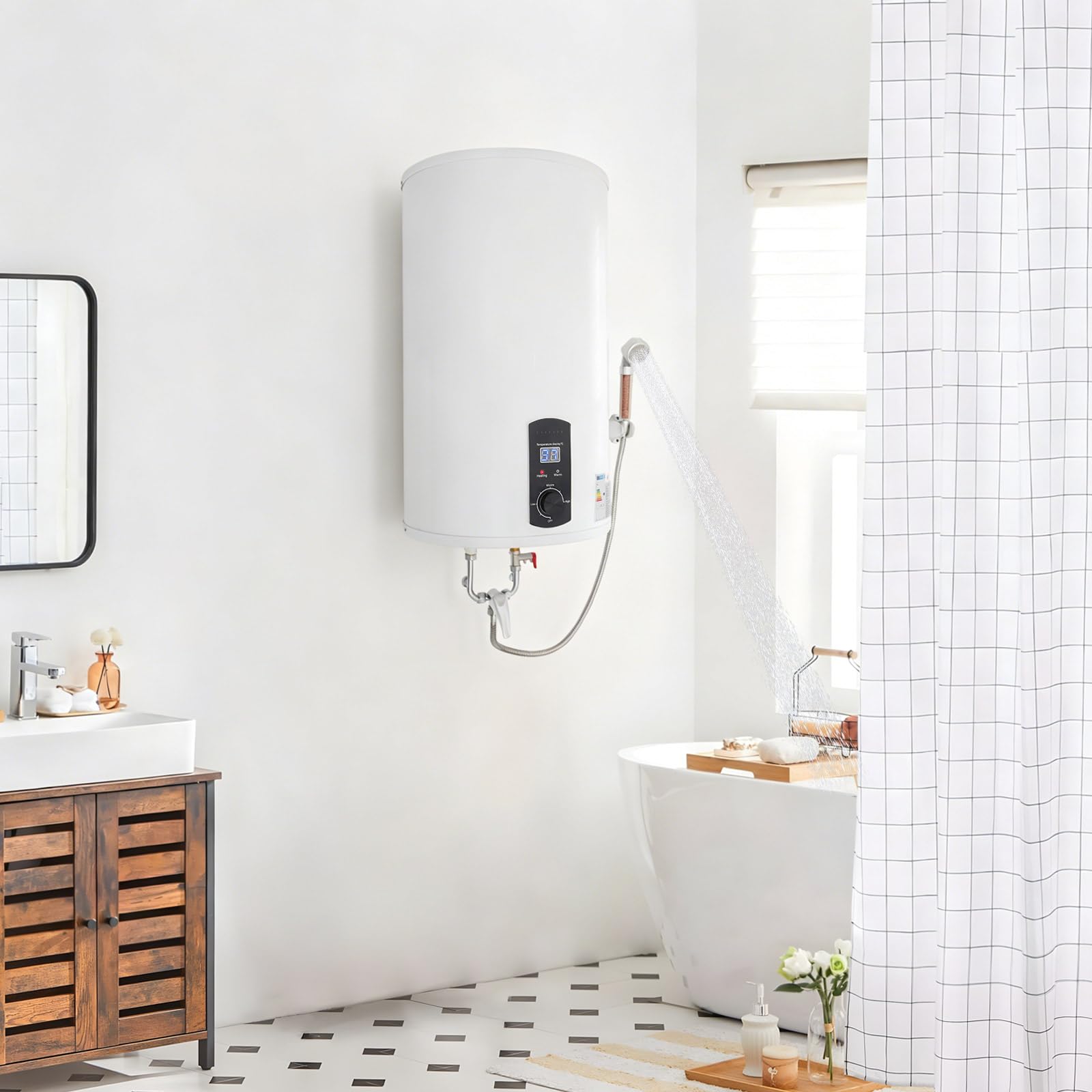 Scaldabagno elettronico con protezione contro le perdite, scaldabagno da 70 l, con scelta della temperatura, 2000 W, 220 V, scaldabagno elettrico con doccia e rubinetto, 41 x 75 cm, bianco