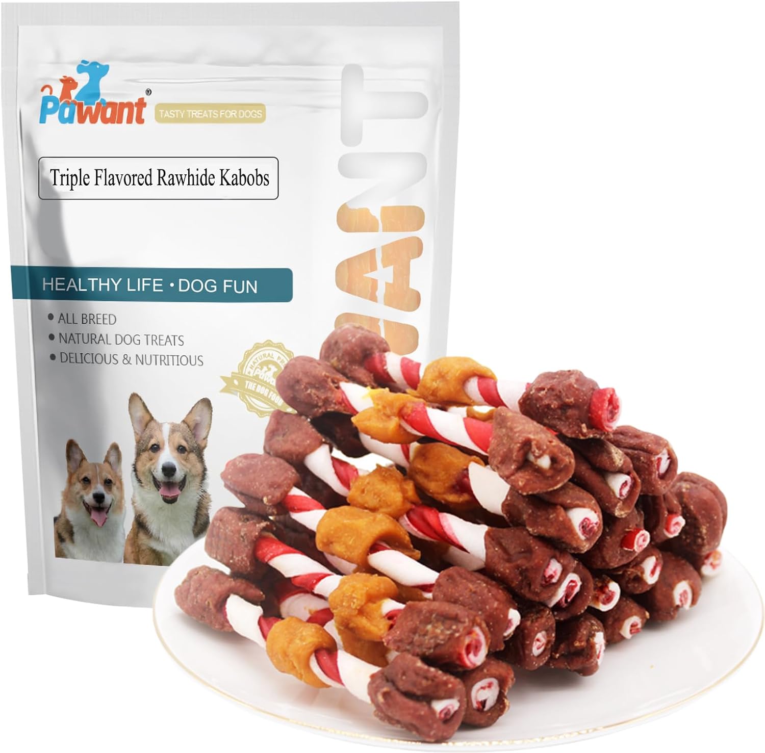 Dog Treats Training Snacks Triple Flavored Rawhide Dog Kabobs 1lb/454g (Pack of 2)