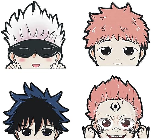4 calcomanías de anime japonés de Jujutsu Kaisen de 5.11 pulgadas y calcomanías de Gojo Satoru Yuji, Megumi Ryomen para ventana de coche, puerta,
