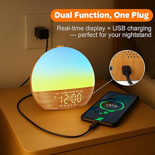 Miniatura 9 de Reloj despertador Sunrise con máquina de sonido, luz de despertador, grano de madera, Bluetooth, relojes despertadores digitales duales para