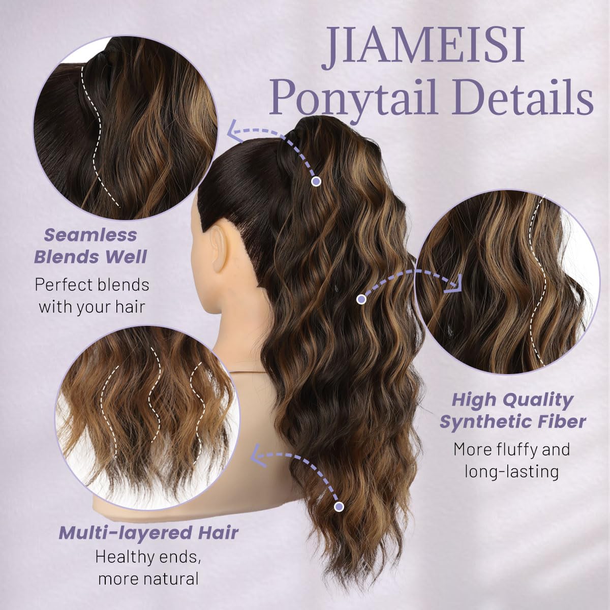 JIAMEISI Ponytail Extension 18 Inch Claw Clip Ponytail Hair Extensions Long Curly Wavy Highlight Jaw Clip in Pony Tails Extension Synthetic Fluffy Hairpiece for Women (Dark Brown with Auburn Blonde) - Image 3