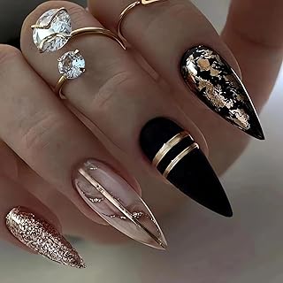Black Amber Press on Nails Almond Fake Nails Medium Length Gold Foil Glue on Nails with Designs False Nail Tips Exquisite Almond Shape Stick on Nails Medium Artificial Nails for Women 24Pcs