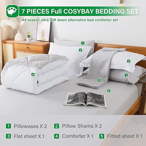 Miniatura 7 de Cosybay Bed in a Bag - Juego de edredón reversible de 7 piezas para todas las estaciones, color blanco y gris claro con edredón, fundas de almohada,