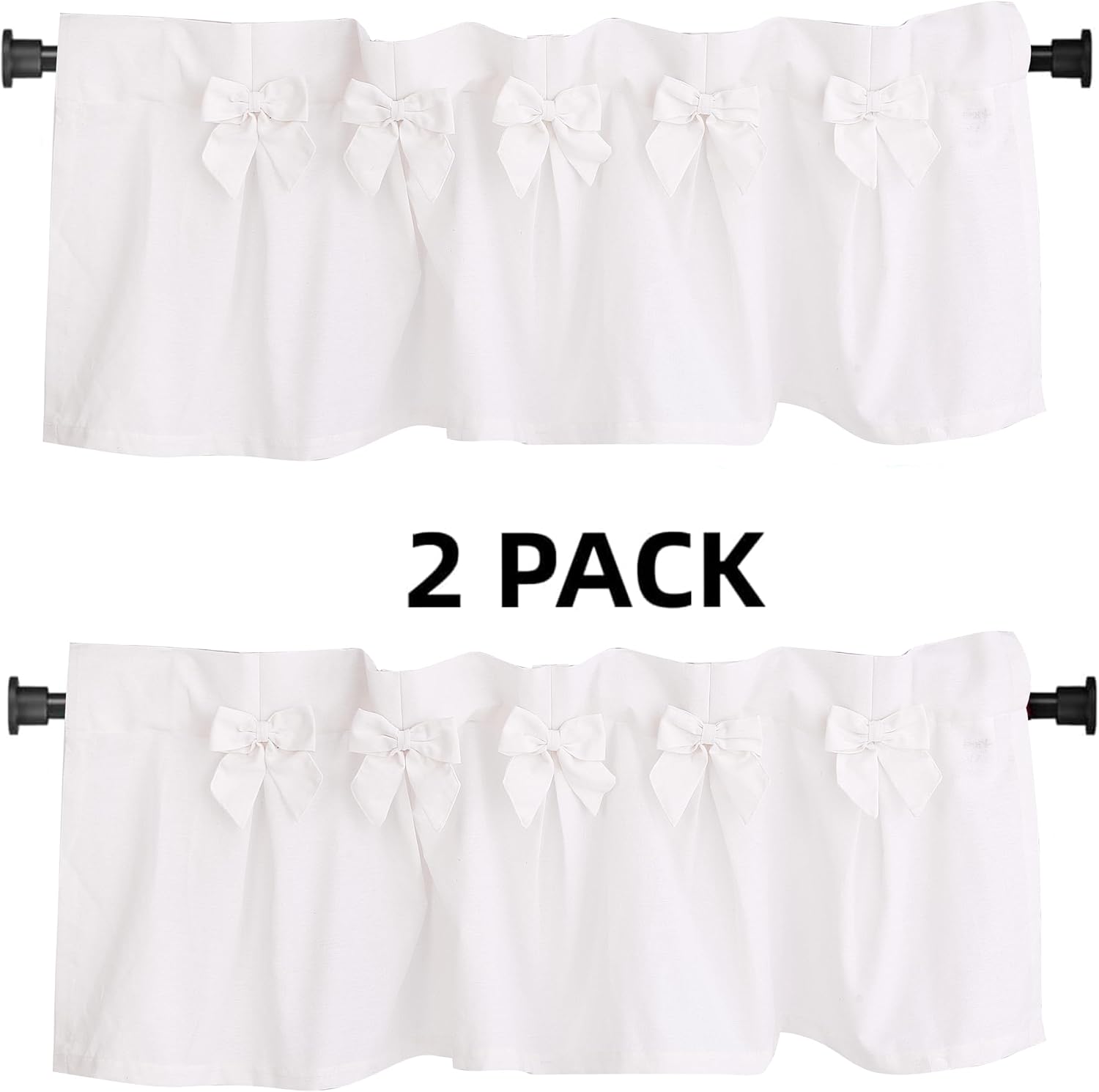 HIG 2 Pack White Ruffle Window Valances – Handcrafted Bow Tie Curtain Valances for Windows/Bathroom/Living Room/Bedroom, Farmhouse Decorative Privacy Kitchen Valance, 52"x18"