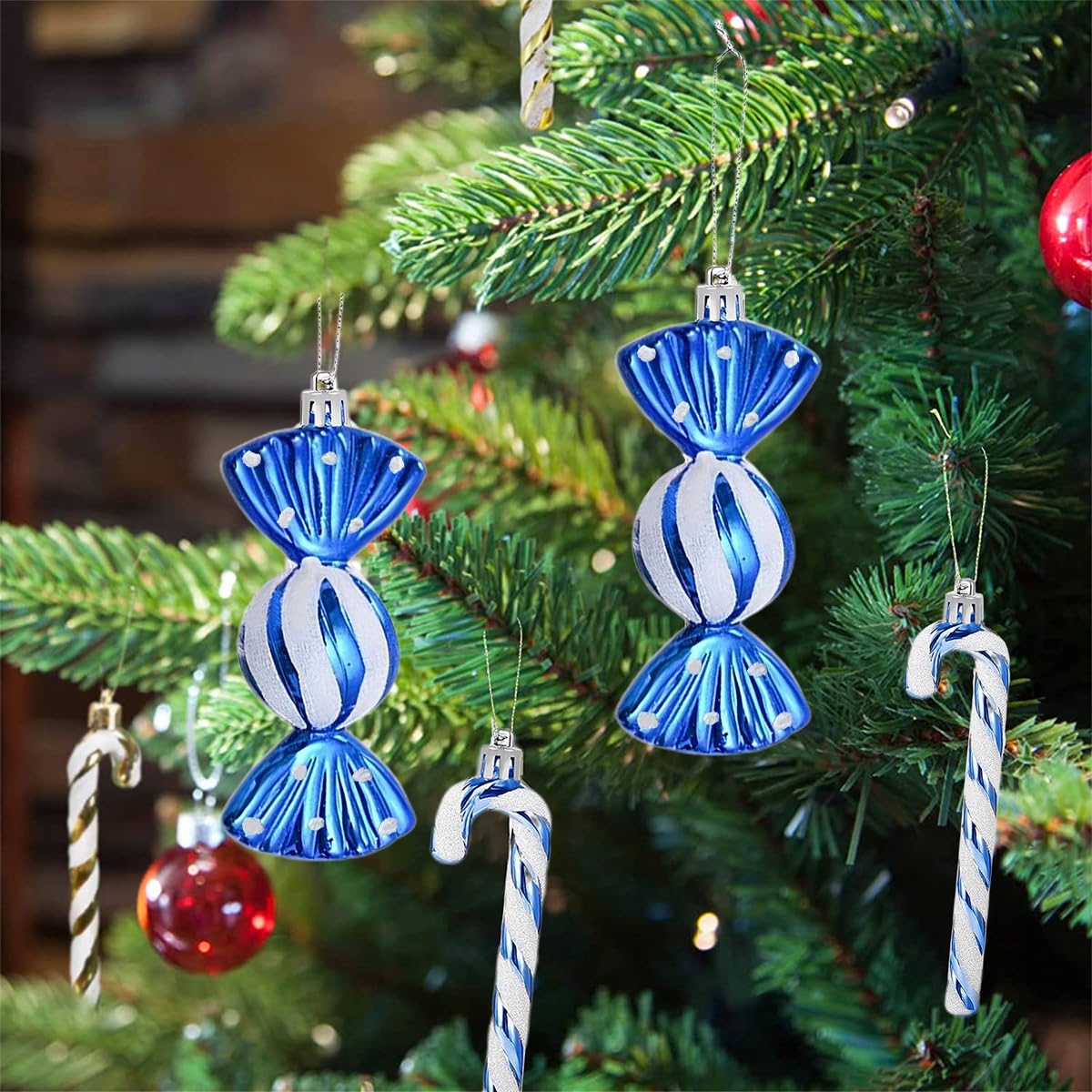 18-teiliger Weihnachtsbaumschmuck Zuckerstangen Design - Glitzer Kugeln & Anhänger Schwarz-Weiß